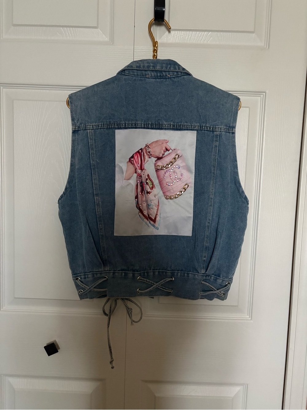 Women's Blue Denim Vest with Pink Scarf Print